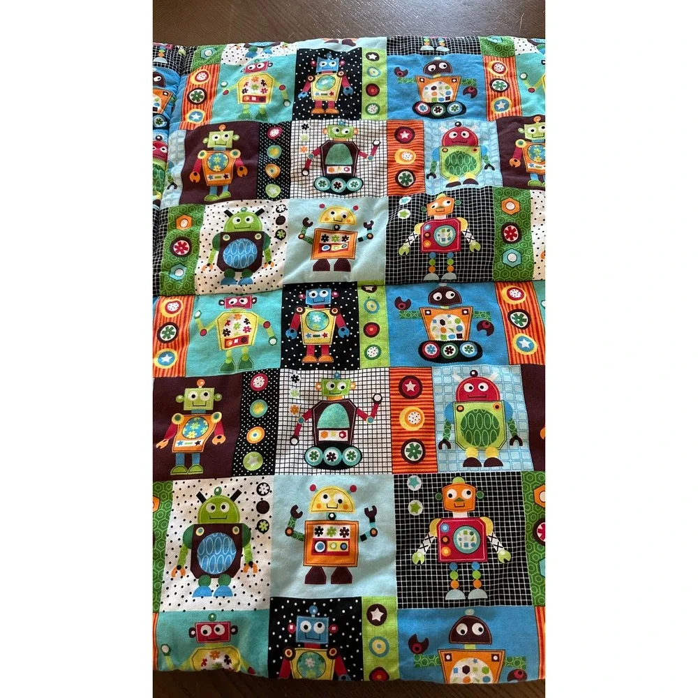 Handmade Robot Quilted Baby Blanket Colorful Nursery Stroller Quilt 40 x 28